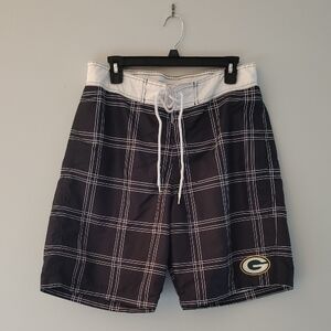 NFL Green Bay Packers Swim Trunks L Black & White Plaid Beach Vacation Resort